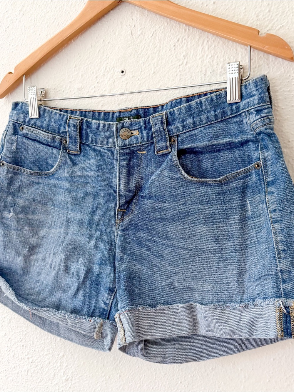J.Crew 5" High-Rise Light Wash Rolled Cuff Distressed Denim Shorts - Picture 4 of 10
